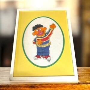 Vintage Ernie Sesame Street Cross Stitch Framed Wall Hanging 16.5" x 12.5"  80's